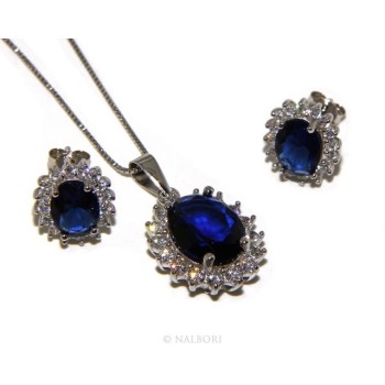 NSA|Parure argento 925 collana ciondolo orecchini donna big oval pave' zirconi e punto luce blu sapphire