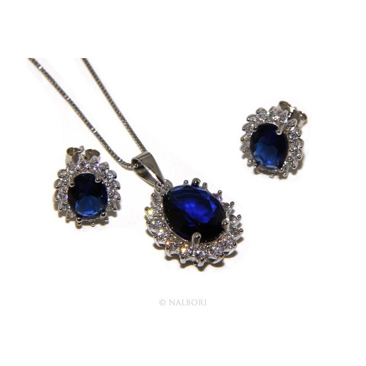 NSA|Parure argento 925 collana ciondolo orecchini donna big oval pave' zirconi e punto luce blu sapphire