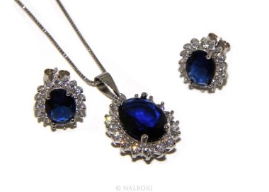 NSA|Parure 925 sterling silver pendant necklace earrings female big oval pave 'zirconia and sapphire blue light point