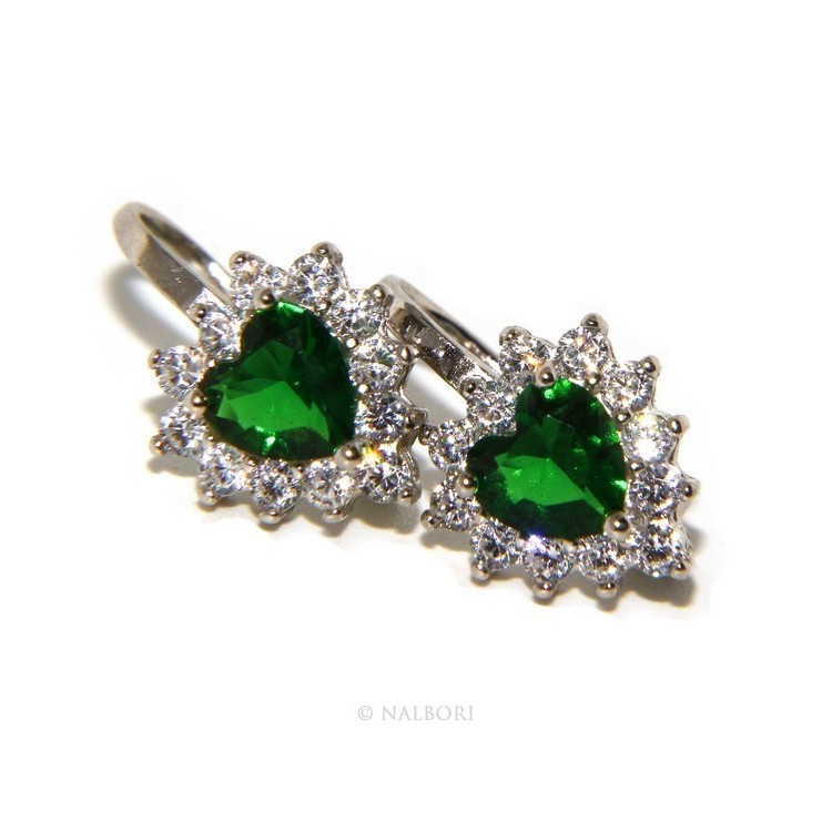 NSA|Argento 925 : orecchini donna punto luce zircone verde emerald bianco cuore monachella sicurezza