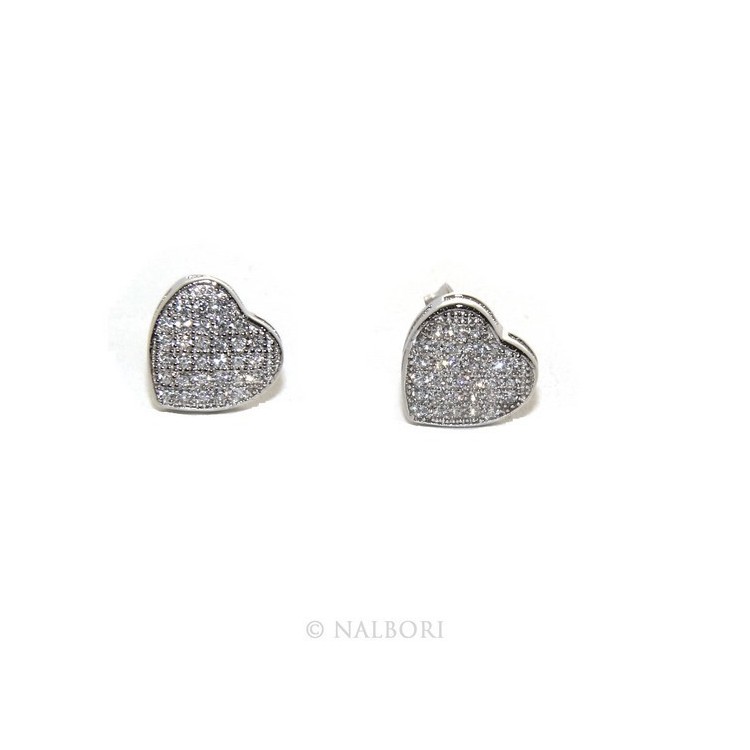 NSA|Argento 925 : coppia di orecchini 9 mm uomo donna bottone cuore pavè zirconi mircosetting
