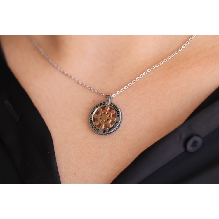 NSA|Steel chain forzatina helm pendant round and twenty zircon gold blue