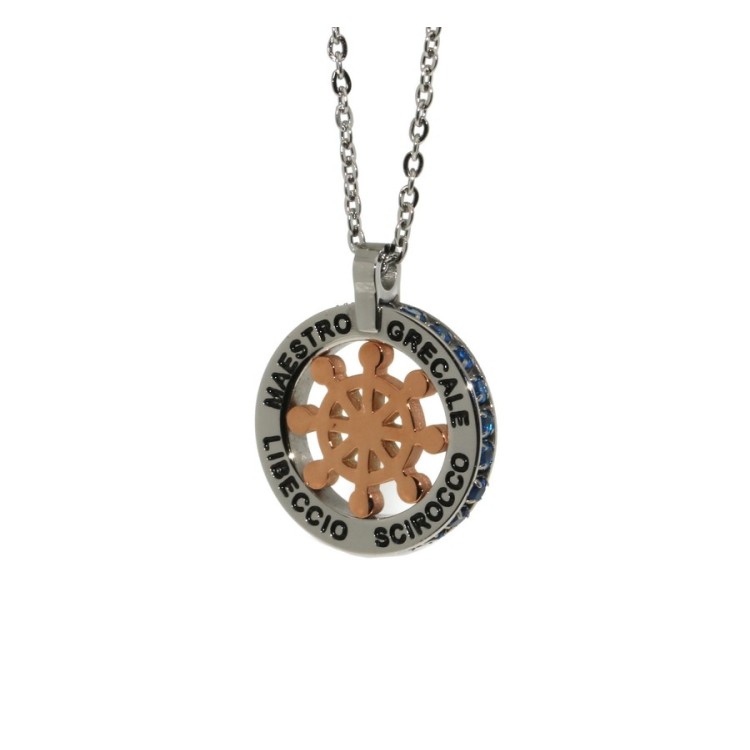 NSA|Steel chain forzatina helm pendant round and twenty zircon gold blue