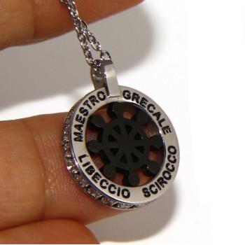 NSA|Acciaio : collana forzatina con pendente tondo timone e venti nero zirconi fumè