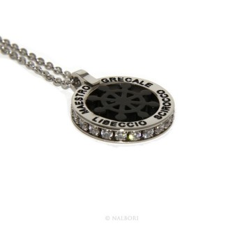 NSA|Acciaio : collana forzatina con pendente tondo timone e venti nero zirconi fumè