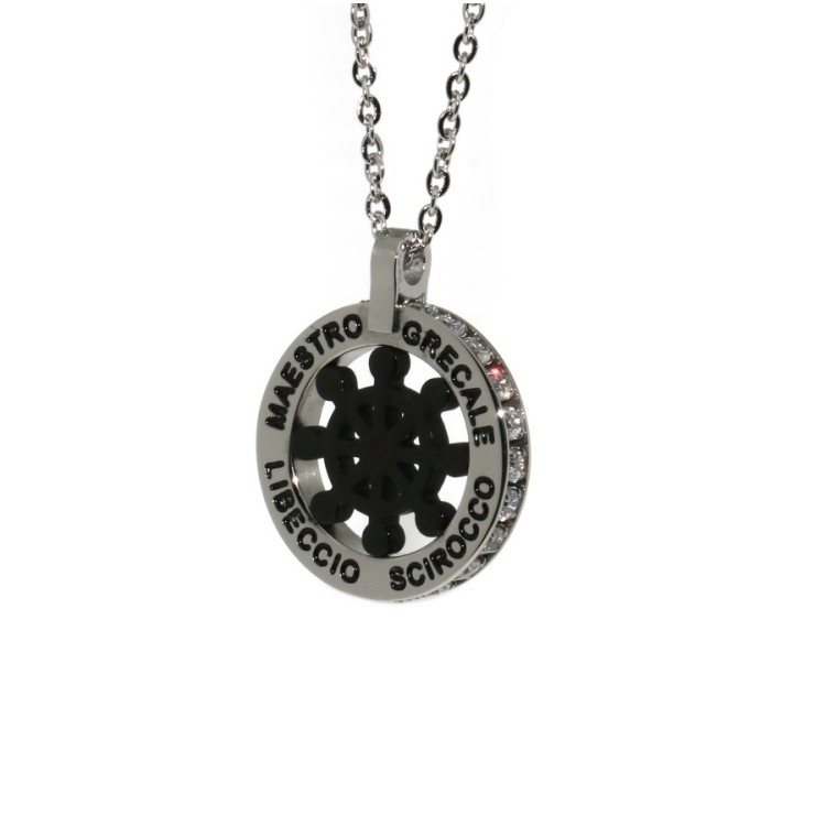 NSA|Steel: chain helm pendant necklace with round black twenty zircon white