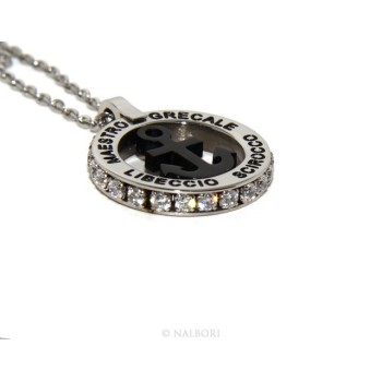 NSA|Acciaio : collana forzatina con pendente tondo ANCORA e venti nero zirconi bianchi