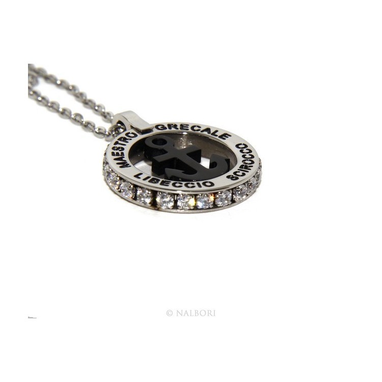 NSA|Steel: forzatina necklace with round pendant STILL and twenty black cubic zirconia