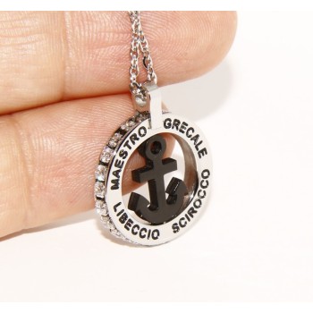 NSA|Acciaio : collana forzatina con pendente tondo ANCORA e venti nero zirconi bianchi