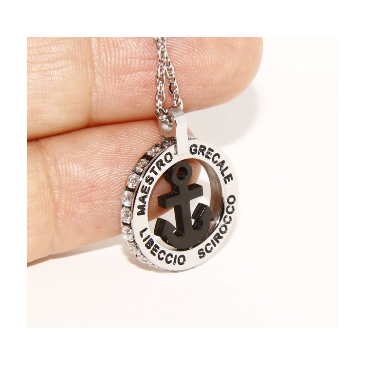 NSA|Steel: forzatina necklace with round pendant STILL and twenty black cubic zirconia
