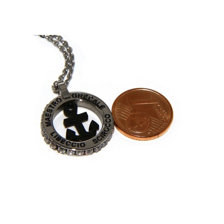 NSA|Steel: forzatina necklace with round pendant STILL and twenty black cubic zirconia