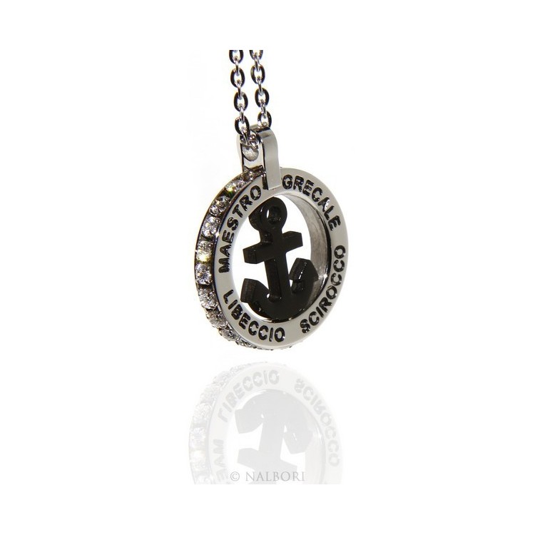 NSA|Steel: forzatina necklace with round pendant STILL and twenty black cubic zirconia