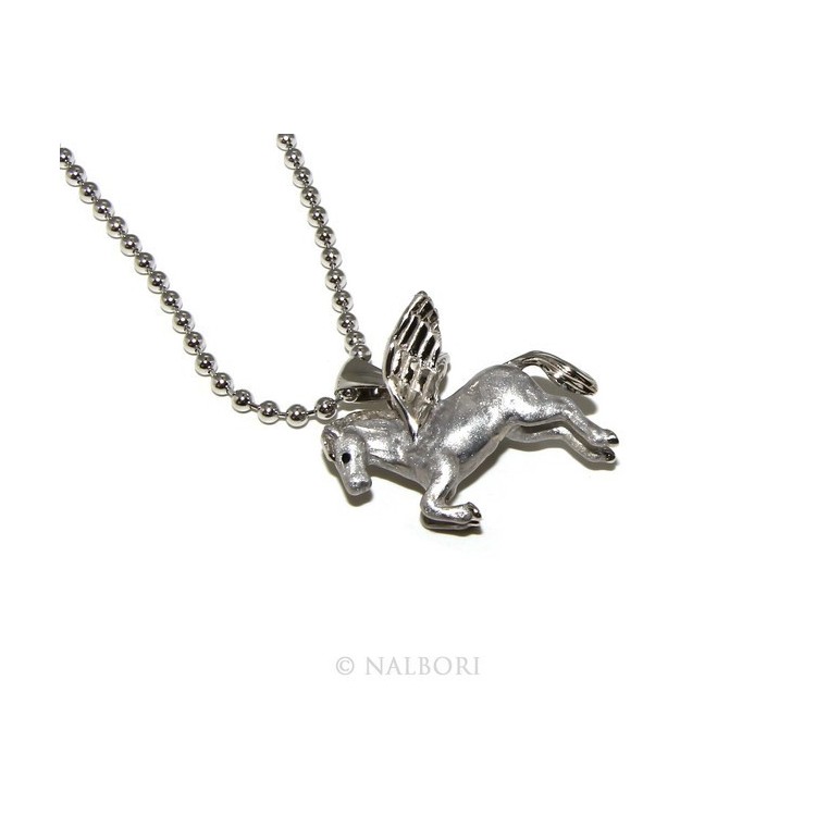NSA|ARGENTO 925 : lunga collana palline 3 mm pendente pegaso cavallo alato 3D smaltato