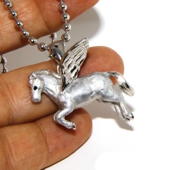 NSA|SILVER 925: 3 mm balls long necklace pendant Pegasus winged horse 3D enamelled