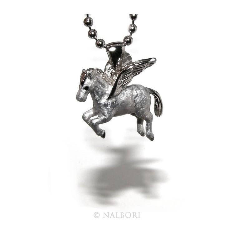 NSA|SILVER 925: 3 mm balls long necklace pendant Pegasus winged horse 3D enamelled