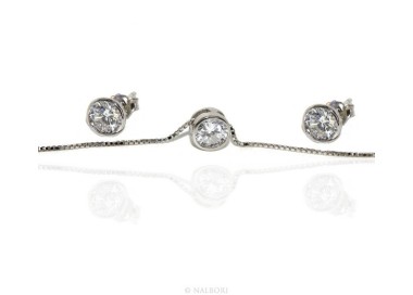 NSA|Argento 925 : Parure cipollino 5 mm punto luce con zircone. Catena veneziana ciondolo passante e Orecchini abbinati