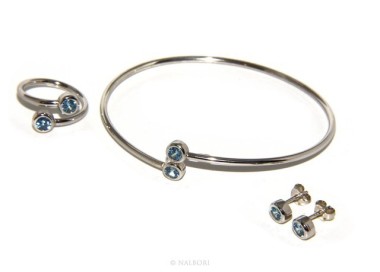 NSA|ARGENTO 925 : Bracciale donna schiava orecchini anello zirconi naturali azzurro aquamarine brillante