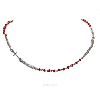 NSA|Collana Rosario uomo Argento 925 Con cristallo rosso croce e madonna miracolosa 45+5 cm