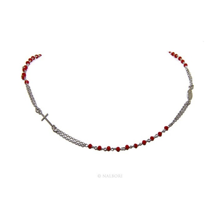 NSA|Collana Rosario uomo Argento 925 Con cristallo rosso croce e madonna miracolosa 45+5 cm