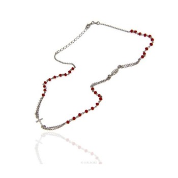 NSA|Rosary Necklace man 925 With red crystal cross and miraculous Madonna 45 + 5 cm