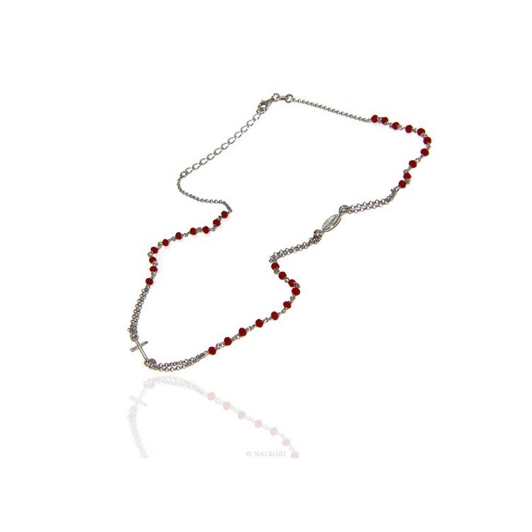 NSA|Collana Rosario uomo Argento 925 Con cristallo rosso croce e madonna miracolosa 45+5 cm