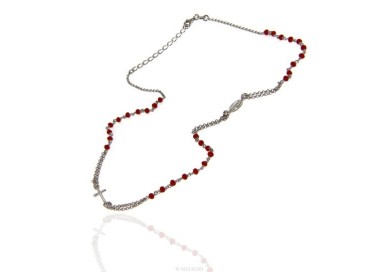 NSA|Collana Rosario uomo Argento 925 Con cristallo rosso croce e madonna miracolosa 45+5 cm
