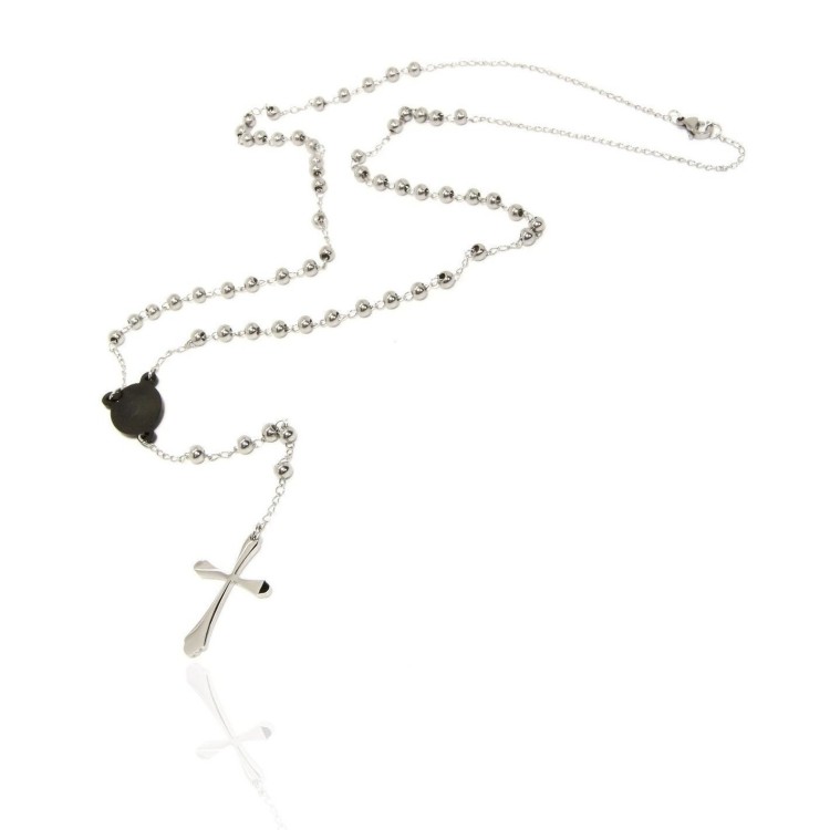 NSA|Steel: Necklace man woman rosary black dots cruise and smooth cross lobata