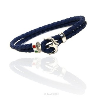 NSA|SILVER 925: massive leather bracelet man anchor made in Italy - BLUE