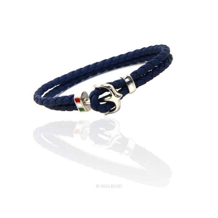 NSA|ARGENTO 925 : Bracciale uomo massiccio pelle con ancora made in Italy - BLU