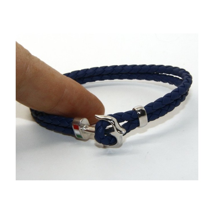NSA|SILVER 925: massive leather bracelet man anchor made in Italy - BLUE