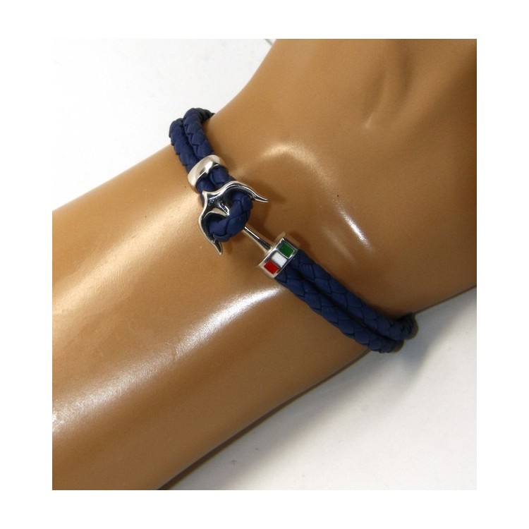 NSA|SILVER 925: massive leather bracelet man anchor made in Italy - BLUE