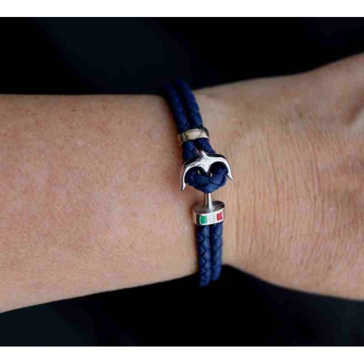 NSA|bracelet 925 silver and leather for men anchor black blue red NALBORI