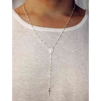 NSA|Collana rosario uomo o donna in Argento 925 palline 3 mm croce liscia chiaro