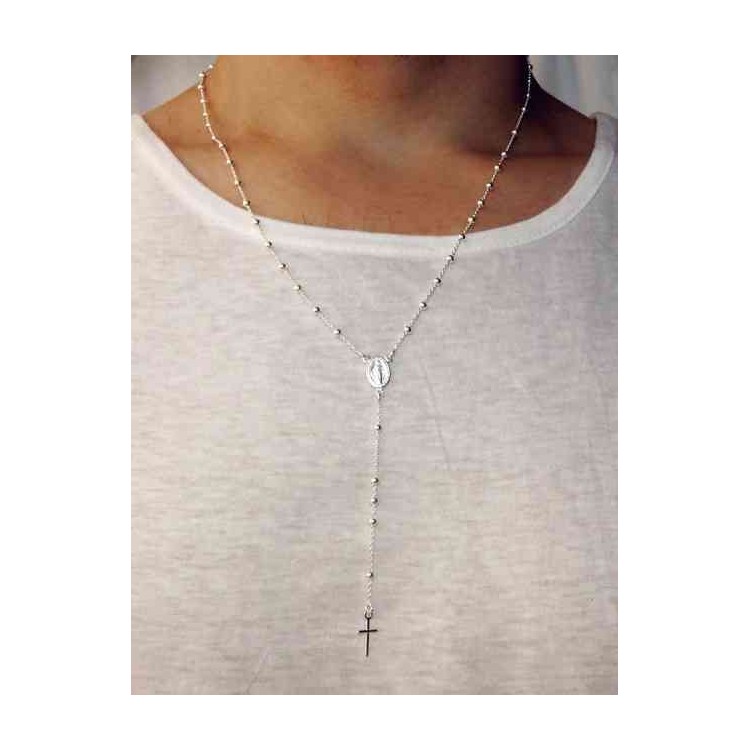 NSA|Collana rosario uomo o donna in Argento 925 palline 3 mm croce liscia chiaro
