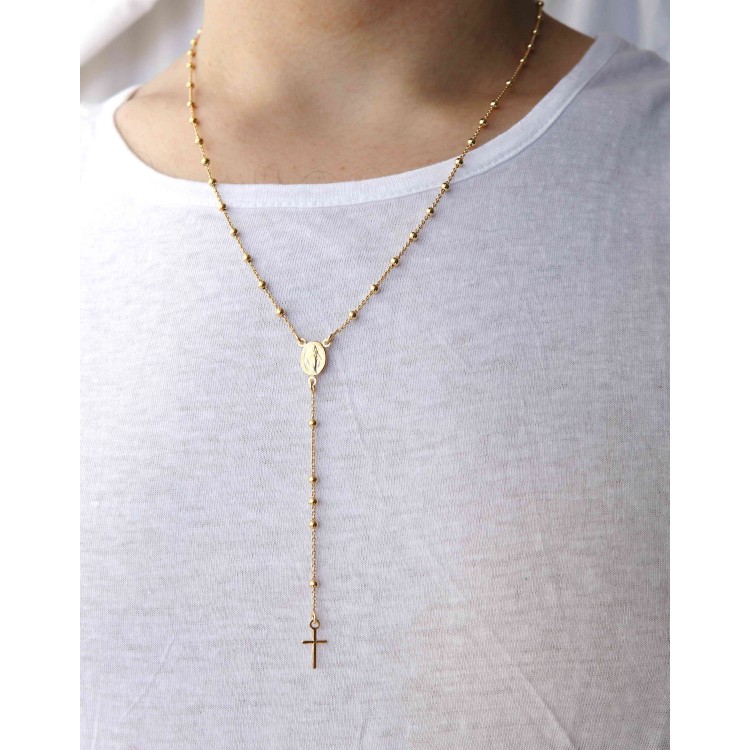 NSA|Collana rosario uomo o donna in Argento 925 palline 3 mm croce liscia bagno oro giallo