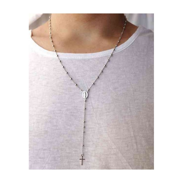 NSA|Rosary Necklace man or woman in 925 balls 3 mm Rosary Necklace man or woman in 925 balls 3 mm   cross wet white gold plating
