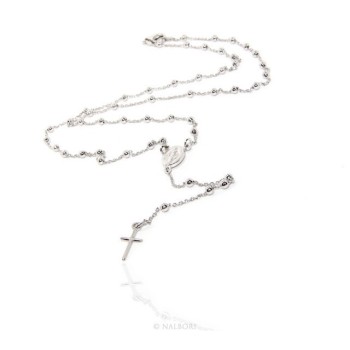 NSA|Collana rosario uomo o donna in Argento 925 palline 3 mm croce liscia galvanica oro bianco.