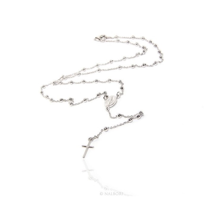 NSA|Rosary Necklace man or woman in 925 balls 3 mm Rosary Necklace man or woman in 925 balls 3 mm   cross wet white gold plating