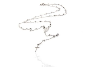 NSA|Collana rosario uomo o donna in Argento 925 palline 3 mm croce liscia galvanica oro bianco.