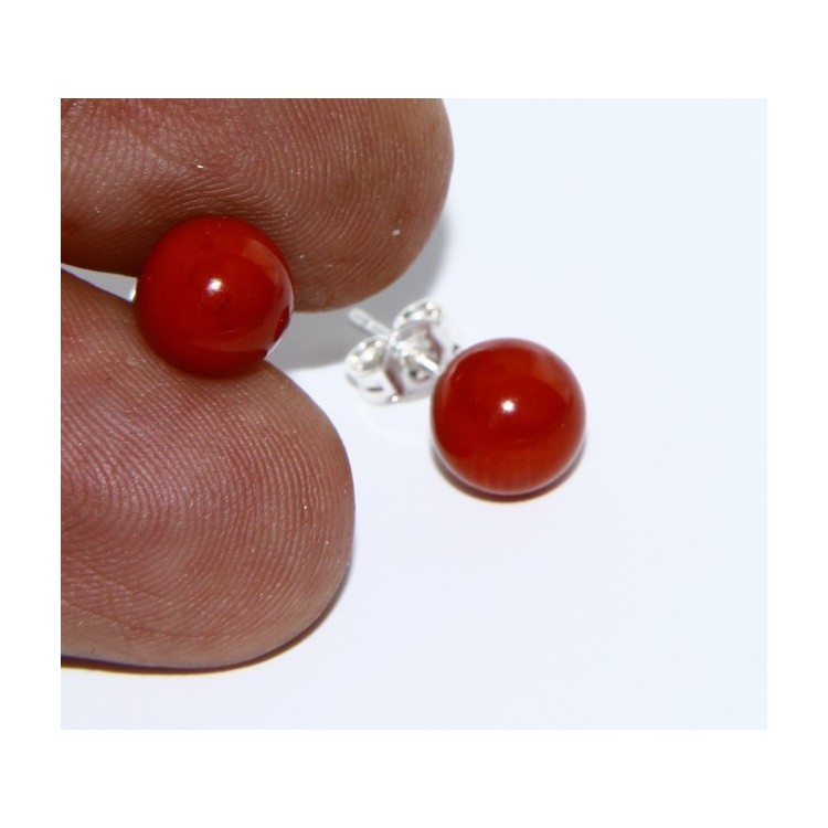 NSA|Earrings in 925 sterling silver pearl ball calibrated natural coral red 8mm
