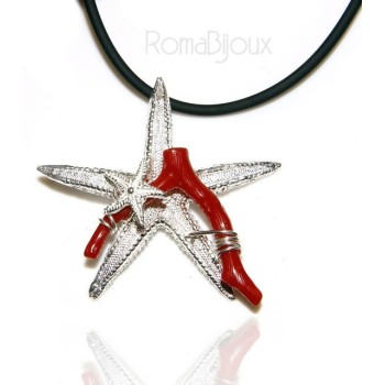 NSA|925 silver-plated Capri woman pendant with natural navy starfish and lace-up caucciu