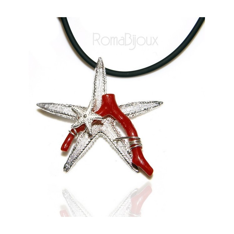 NSA|925 silver-plated Capri woman pendant with natural navy starfish and lace-up caucciu