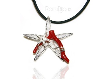 NSA|Ciondolo donna linea Capri in argento 925 con corallo naturale stella marina e laccio caucciu