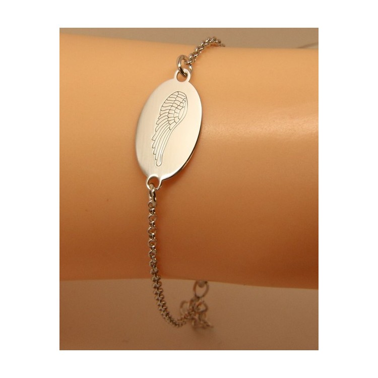 NSA|ARGENTO 925 bracciale rolo' uomo donna targa ovale incisione laser ali di angelo cm 16,00 - 18,50