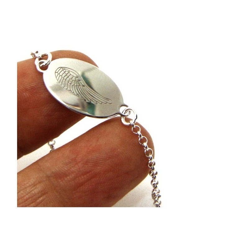 NSA|SILVER 925 cuff bracelet 'man woman oval plate laser engraving angel wings cm 16.00 - 18.50
