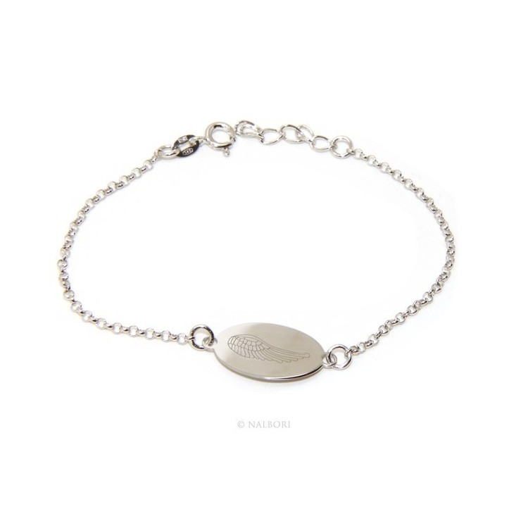 NSA|ARGENTO 925 bracciale rolo' uomo donna targa ovale incisione laser ali di angelo cm 16,00 - 18,50