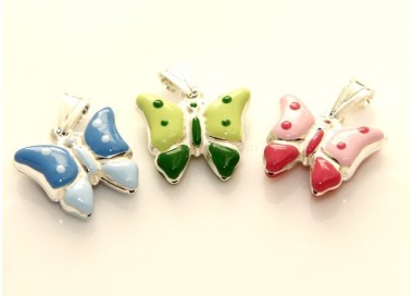 NSA|Ciondolo Argento 925 : farfalla smaltata verde rosa azzurra