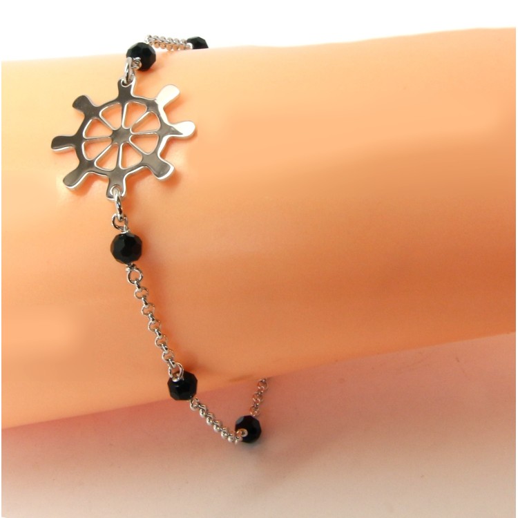 NSA|Bracciale uomo donna ragazzo Argento 925 lavorazione a rosario cristallo nero con timone centrale 17,50
