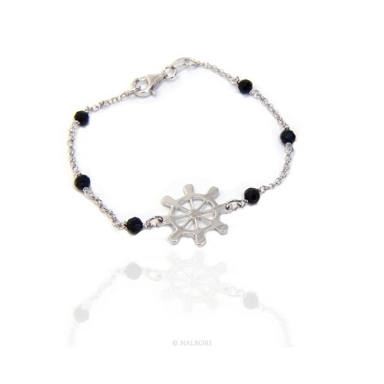 NSA|Bracciale uomo donna ragazzo Argento 925 lavorazione a rosario cristallo nero con timone centrale 17,50