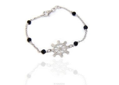 NSA|Bracciale uomo donna ragazzo Argento 925 lavorazione a rosario cristallo nero con timone centrale 17,50